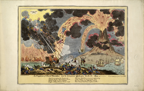Eruption of Mount Vesuvius; and the anticipated effects of the Waterloo Storm, 1815 (colour litho)
