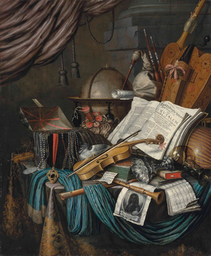 A globe, a casket of jewels and medallions, books, a hurdy-gurdy, a bagpipe, a lute, a violin, an upturned silver tazza and roemer, a nautilus shell, a recorder, a shawm, a print with a self-portrait of the artist and a musical score on a draped table, a curtain above, 1662 (oil on canvas)