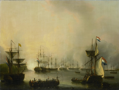 The Bombardment of Palembang, 1821 (oil on canvas)