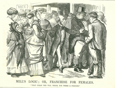 Mill's Logic: or, Franchise for Females: John Stuart Mill asking an indignant John Bull to make way for women to cast their vote. The figure foreground second from left is Lydia Ernestine Becker an advocate of female suffrage. John Tenniel cartoon from Punch, London, 30 March 1867. 