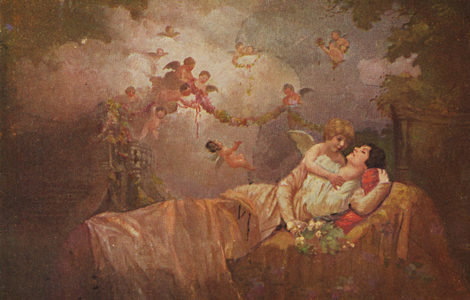 Historic greeting card with angels to bring luck to a woman, kitschy-romantic, 1890, Historic