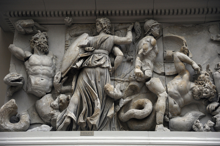Pergamon Altar. Hecate fighting against the giant Klytios next to Artemis who is fighting with another giant, perhaps Otos.