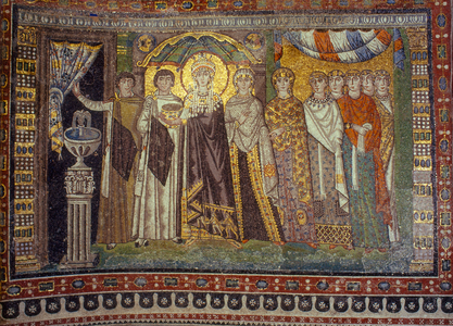 Mosaics show the Empress Theodora flanked by her attendants. San Vitale Church, Ravenna, Italy., 1980s (photo)