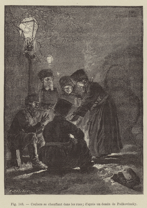 Cochers se chauffant dans les rues (engraving)