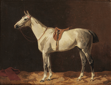 A saddled grey horse waiting in a stable, 1897 (oil on canvas)