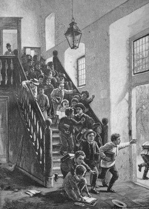On the last day of school, the pupils leave for their holidays, 1889, Germany