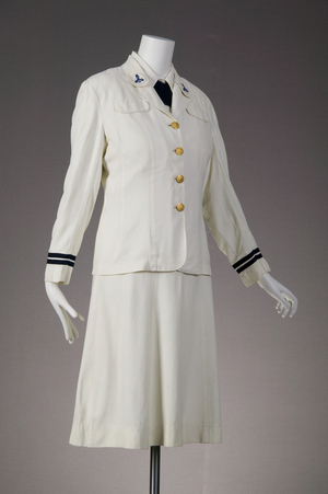 WAVES military uniform, c.1942 (front oblique view), U.S. Government issue cotton and wool twill, wool braid, Mainbocher