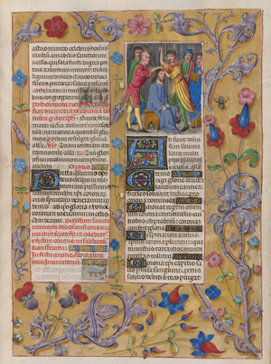 Sanctorale.The Coronation with the Crown of Thorns (added c. 1500). Floral border. Text and initials.