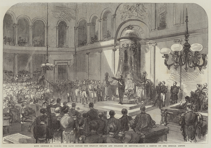King Leopold II taking the Oath before the Belgian Senate and Chamber of Deputies (engraving)