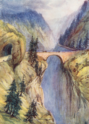 Switzerland, 1900s: In the Via Mala (colour litho)