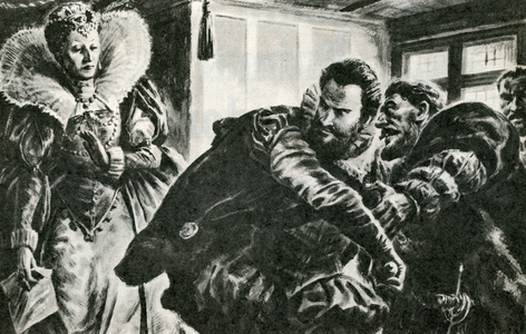 Queen Elizabeth I rebuking the Earl of Essex (litho)