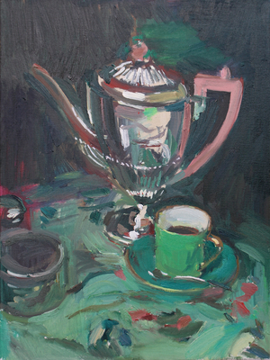 After dinner coffee, 2019 (oil on canvas)