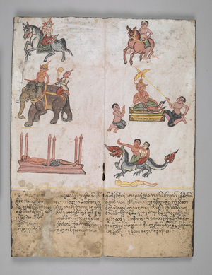 Or. 14532, f.25Illustrations regarding lucky and unlucky omens.Divination manual. A manual used for divination and fortune telling, known in Thailand as Phrommachat.Illustrations in water colour, ink and gilt. 1750-1820