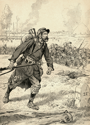 French soldier advances during the first Battle of the Marne, France, 1914, during World War One.