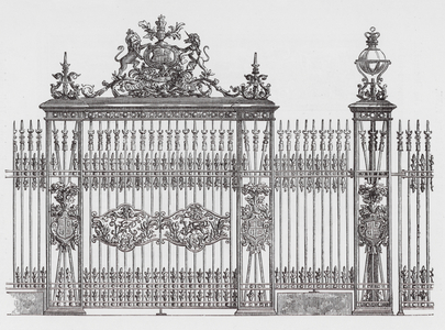Elevation of centre of Iron-Work, Queen's Gate (engraving)