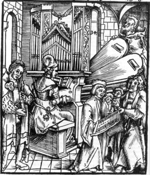 Representation of musical instruments (organ and flute), with a chorus that sings alongside. 16th century (German woodcut)