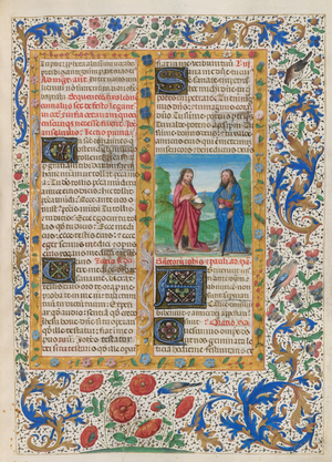 Sanctorale. St John and St Paul (added c. 1500). Floral border. Text and initials.