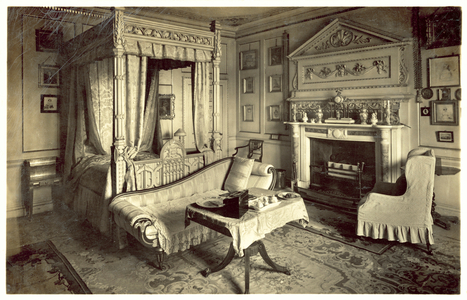 Mrs Bulwer-Lytton's Bedroom, Knebworth House, Hertfordshire (b/w photo)