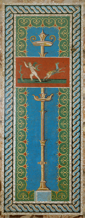 Candelabre and hunting putto, glass-paste mosaic from Pompeii VI, Insula Occidentalis 36