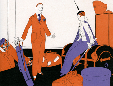 Wealthy Couple Leaving for a Vacation, 1910 (lithograph)