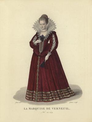 Catherine Henriette de Balzac d'Entragues, Marquise de Verneuil, mistress of King Henry IV of France (coloured engraving)