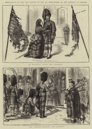 Presentation of the Old Colours of the 79th Highlanders to Her Majesty at Osborne (engraving)