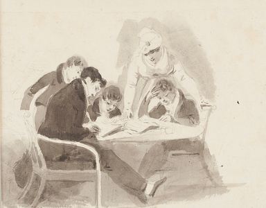 Two boys doing homework, 1811 (w/c on paper)