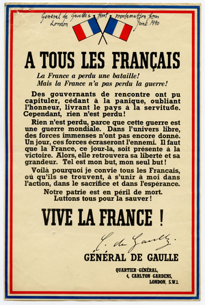 Leaflet reproducing Charles De Gaulle's Celebrated Appeal to the People of France to Continue the Fight Against Nazi Germany, 1940