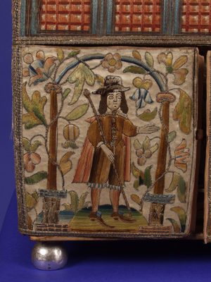 Detail of a wooden casket showing a male figure in contemporary dress, c.1650-70 (wood & textiles)