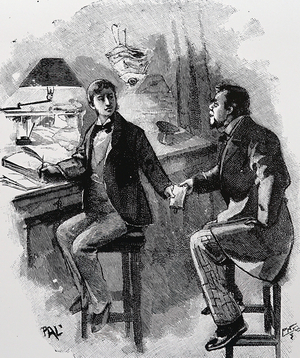 Clerk in Victorian London, passing a message to a messenger, 1884