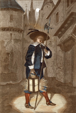 Night watchman, 16th century, France, engraving