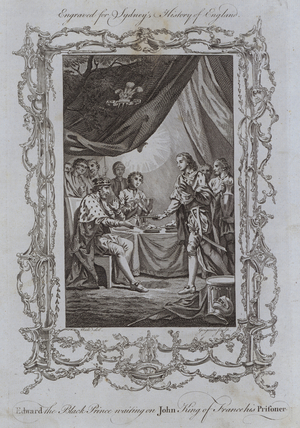 Edward the Black Prince waiting on John King of France his Prisoner (engraving)