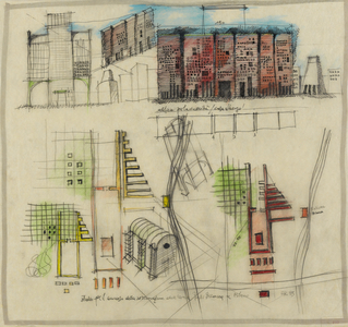 Studio px the competition of the arrangement of the Pirelli Bicocca area in Milan, 1985 (black pencil, colored pencils, crayon and marker on tracing paper)