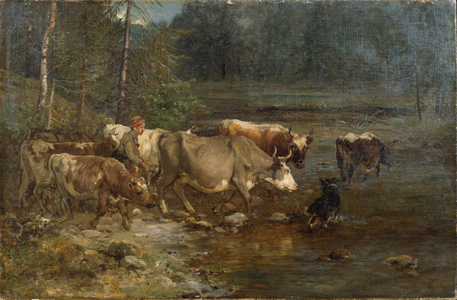 Dairymaid and cows at the water post (painting)