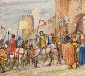 St Francis of Assisi setting off to war (colour litho)
