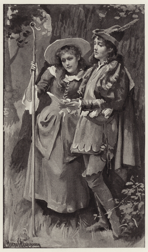 Ganimed and Aliena were strangely surprised to find the name of Rosalind carved on the trees  (litho)