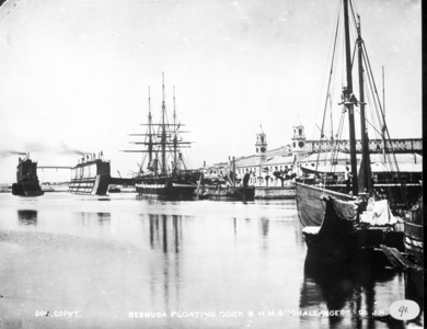 View of H.M.S. Challenger at floating dock in Bermuda