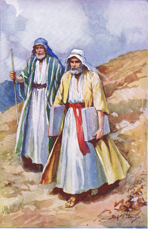 Moses and the tables of the law, illustration from 'Pictures That Teach The Crown Series ', 1920 (colour litho)