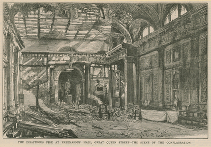 The disasterous fire at Freemasons' Hall, Great Queen Street, London (engraving)