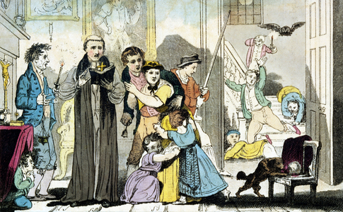 Exorcism by Bell, Book and Candle. Clergyman reads prayer by light held for him by man trembling with terror, while rest of characters cringe in fear or tumble downstairs in panic. Illustration, London, 1816