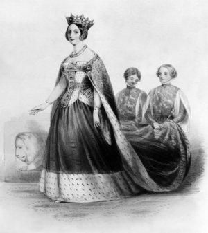 Fancy dress ball in Buckingham Palace in London in 1842 : queen Victoria of England dressed up as Philippa of Hainaut, engraving
