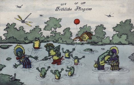 Frogs playing (colour litho)