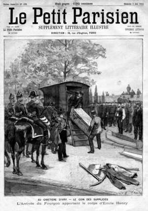 Emile Henry, Front page of French newspaper  'Le petit Parisien' june 3, 1894 (engraving)