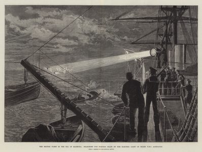 The British Fleet in the Sea of Marmora, searching for Torpedo Boats by the Electric Light on Board HMS Agincourt (engraving)