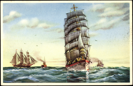 Artists sailing ships, steamships, on the high seas