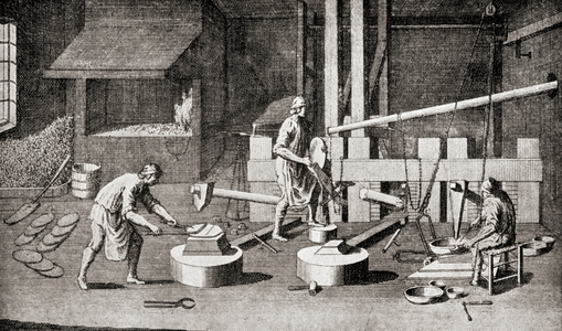 The interior of a copper and bronze battery shop in 176, A battery was where the workers produced the sheet metal by hammering