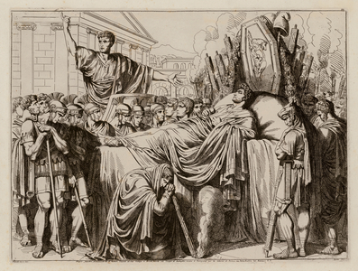 Valerius delivering the eulogy at the funeral of Brutus, 509 BC (etching)