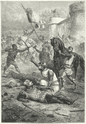 Robert of Normandy recognises his father, William the Conqueror, after unhorsing him in battle, 1079 (engraving)