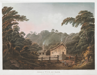 Figures standing by a cottage with smoking chimneys; trees and rocks throughout the scene