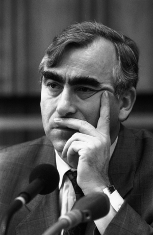 Finance Minister Theo Waigel (Germany CSU) during a press conference in Bonn, thoughtfulness..., 1990 (photo)